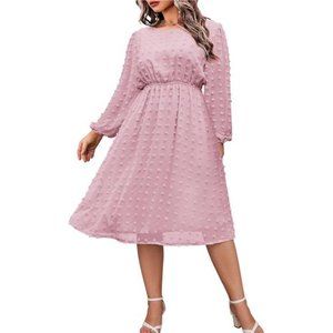 Women's Plus Size Swiss Dot Dress Long Sleeve V Neck Chiffon Dress Midi Dresses